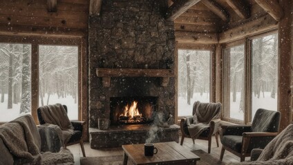Cozy Cabin Interior with Fireplace and Snowy View.