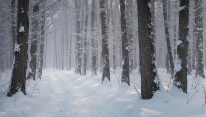 Snowy Forest Path with Tall Trees Covered in Frost.