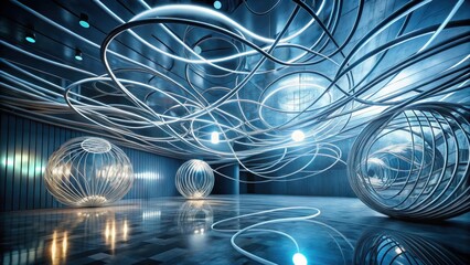 Abstract Interior Design  Intricate Metal Sculptures and Illuminated Pathways in a Modern Space