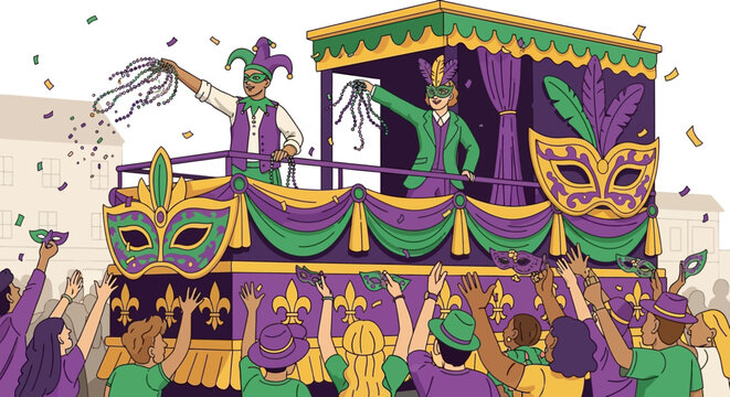 Mardi Gras float parade celebration with people throwing beads and masks.