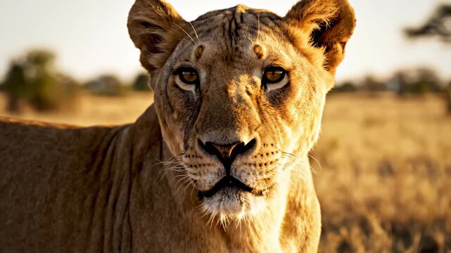 Majestic Lioness Standing Proudly in a Sunlit African Savannah During Golden Hour with Dry Grass and Distant Trees