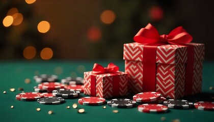Obraz premium Christmas casino theme with poker chips and festive gift boxes decorated with red ribbons and golden bokeh lights, created with generative ai