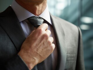 Close-up of a professional businessman in a grey suit adjusting his silk tie, symbolizing preparation, success, and confidence in a corporate setting