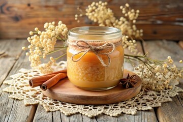 Aromatic Homemade Sweet Treat in Glass Jar, Rustic Setting with Cinnamon and Dried Flowers