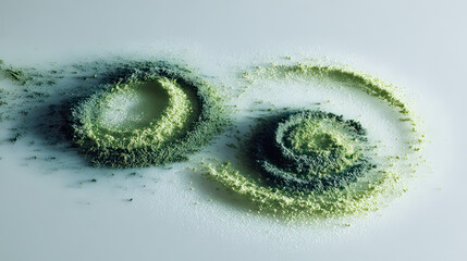 Floating powder formations of spirulina and green tea on transparent background