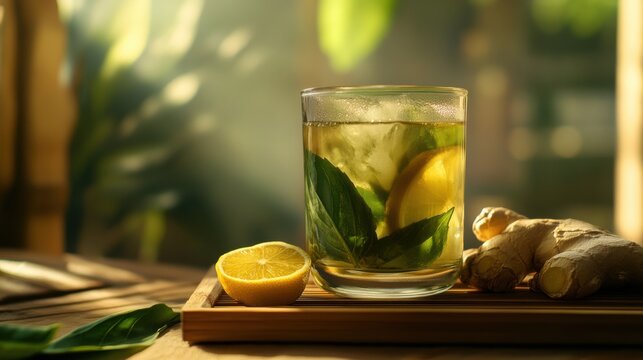 green tea infused with tulsi (holy basil) and ginger, accompanied by honey and lemon slices on a bamboo tray, softly blurred background