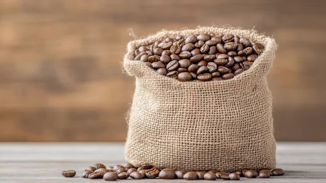Burlap sack filled with roasted coffee bean spilling gently on wooden table warm rustic brown mood