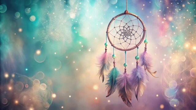 A Dreamcatcher with Pastel Feathers and Beaded Accents Hanging Against a Sparkling, Dreamlike Background
