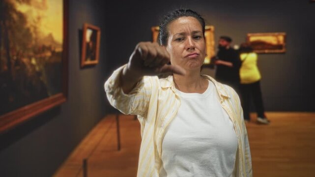 Middle aged hispanic brunette woman showing thumbs down with extended thumb at a framed painting in a gallery building; disapproval critique.