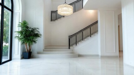 Luxury foyer marble floor grand staircase chandelier indoor plant elegant marble foyer with modern - Powered by Adobe