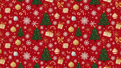 Festive christmas pattern with trees ornaments and gifts on red background