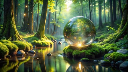 Enchanted Forest Stream Reflecting a Crystal Sphere of Nature's Luminescence