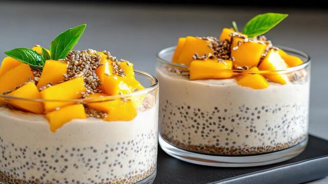 Creamy chia pudding parfait with mango cubes, basil seeds dessert parfait bright inviting