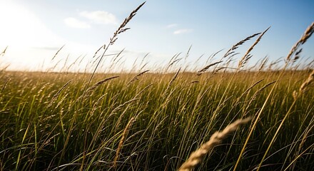 Golden field of tall grass gently whisked by the afternoon sun and soft breeze, creating a tranquil summer landscape
