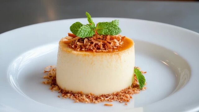 Creamy caramel custard dessert with toasted coconut, mint garnish and elegant panna cotta textures