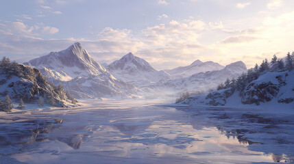 Fototapeta premium Scenic frozen lake under soft morning light with snow on transparent background