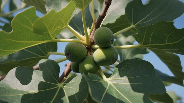 Close-up view of green, unripe figs growing on a branch of a fig tree with large lobed leaves under natural light.