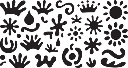 Black ink splatter and swirl icons for abstract design, texture effects, decoration, and creative art