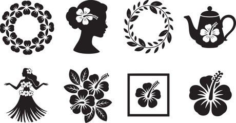 Black hibiscus icons featuring floral silhouettes, tropical motifs, dancers, teapot, wreaths, and beauty © MDROJOB