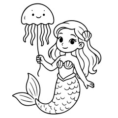 Charming Mermaid and Jellyfish: A whimsical illustration depicts a delightful mermaid holding a smiling jellyfish, emanating a sense of undersea wonder and imaginative play.