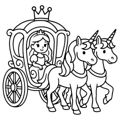 Royal Ride: A charming illustration depicts a princess riding in an ornate carriage drawn by two magnificent unicorns, exuding an air of enchantment and fairy tale wonder.