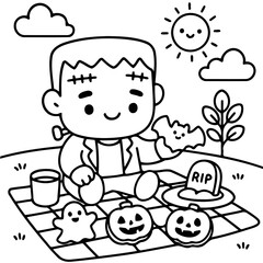 Fototapeta premium Frankenstein's Picnic Party: A cute cartoon Frankenstein enjoys a playful picnic on a sunny day, surrounded by Halloween treats and decorations.