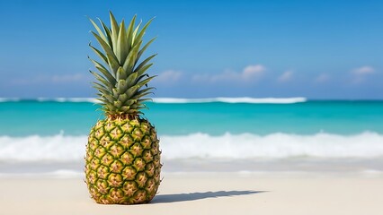 A single ripe pineapple stands on a sandy beach with the ocean and blue sky in the background.