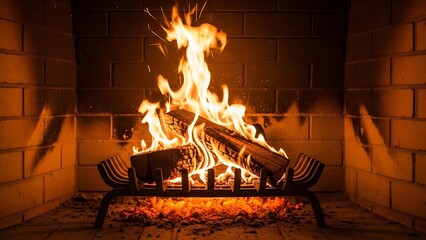 A warm and cozy fire burning brightly in a classic brick fireplace at home.