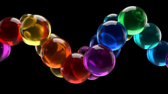 A vibrant wave of colorful glowing glass spheres on a black background. - Powered by Adobe