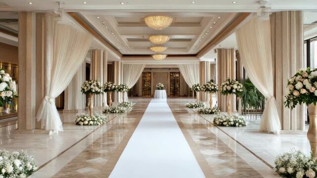 Luxury elegant wedding aisle with white floral arrangement draped curtain ballroom white flower