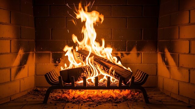 A warm and cozy fire burning brightly in a classic brick fireplace at home. - Powered by Adobe
