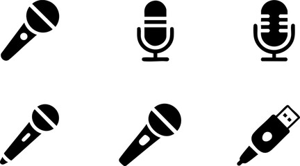 Black icons of various microphone styles and a USB flash drive, ideal for audio, podcast, and tech-themed designs