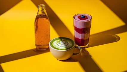 Vibrant Functional Beverages: Matcha, Kombucha, Berry Smoothie on Yellow Backdrop