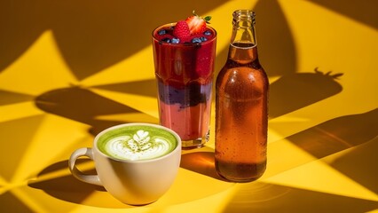 Functional Beverages Trio: Matcha Latte, Kombucha, Berry Smoothie on Yellow
