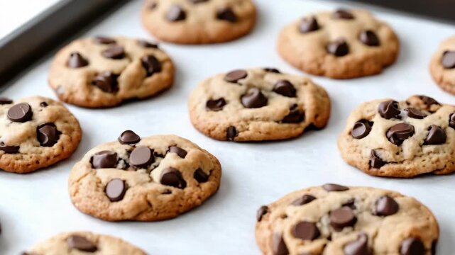 Fresh baked chocolate chip cookie baking tray with warm golden texture dessert snack baked goods