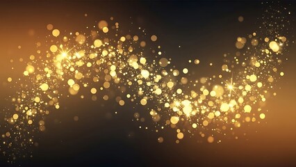 Abstract glittering gold particles in motion on a dark background.