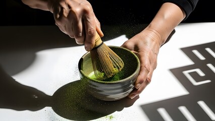 Aged Hands Whisking Matcha in Stoneware Bowl with Abstract City Shadows
