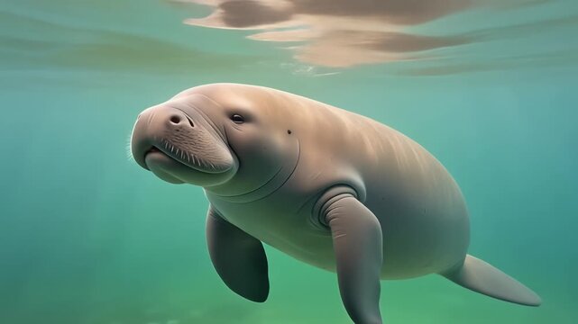 A gentle manatee or dugong gracefully swimming underwater in clear, greenish-blue ocean water, looking towards the viewer.