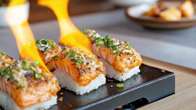 Flame seared salmon nigiri sushi on rice with sesame seed and green onion savory glaze