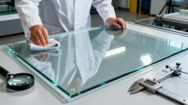 Professional customizing bulletproof glass by inspecting and polishing polycarbonate surfaces to enhance clarity and resistance against impacts.