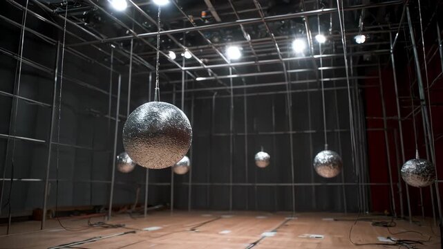 Studio scene with a medium shot of a spherical 3D microphone array suspended to record multidimensional audio for multimedia projects.