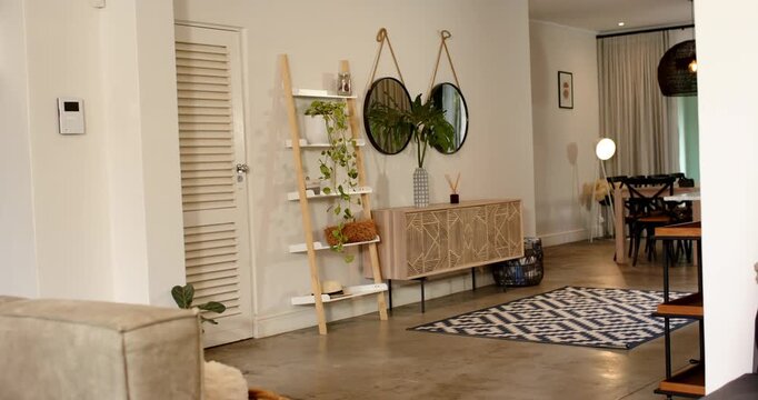 Camera is panning right, revealing leaning ladder shelf, console cabinet and rug to showcase home
