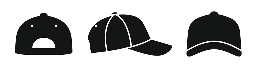Three Baseball Cap Icons Viewed From Different Angles on White Background