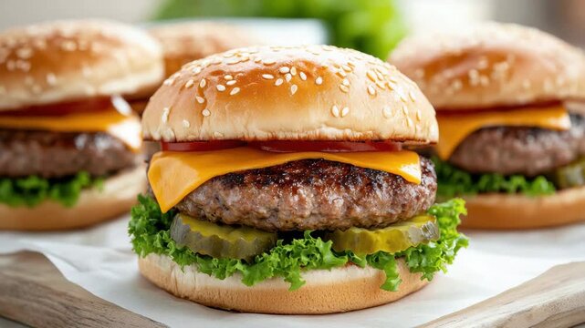 Juicy cheeseburger sesame bun beef patty melted cheese lettuce pickle craving delight