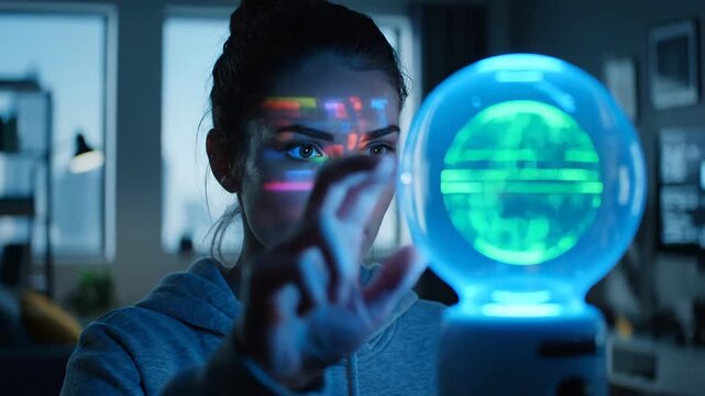 Woman looking at glowing orb in dark interior, searching for answer