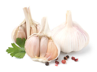 Fresh garlic, peppercorns and parsley isolated on white