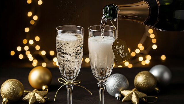 New Year Champagne Toast Celebration Gold Ornaments Festive Holiday Sparkling Wine Glasses Party