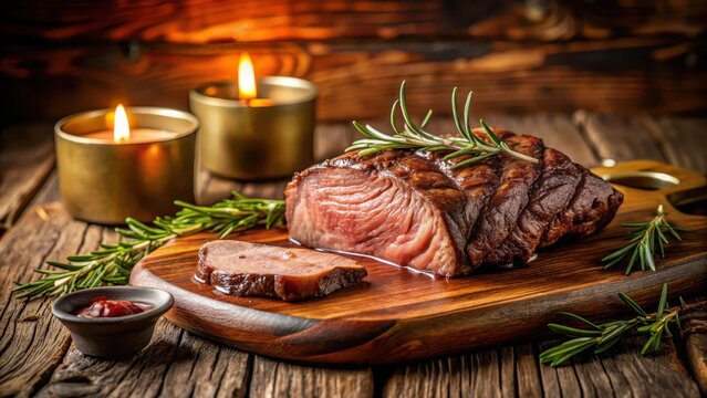 Savor the Exquisite Aroma and Flavor of a Perfectly Seared Rosemary-Infused Prime Cut of Meat, Served on Rustic Wood with Candlelight
