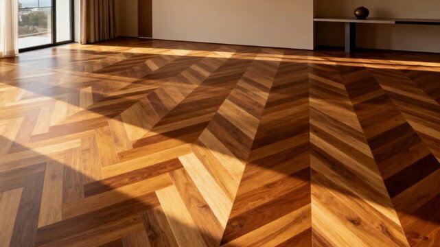 Medium shot capturing diagonal floor planks being laid out in a contemporary room showcasing the dynamic angular design and smooth texture of the wood.