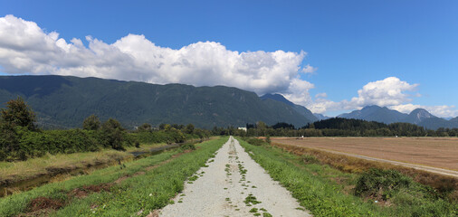Gravel road on dyke between water and farm field